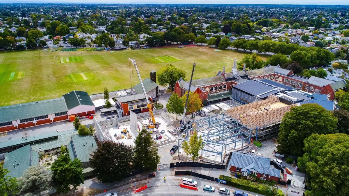 Aerial view of construction work at Christchurch Boys High School